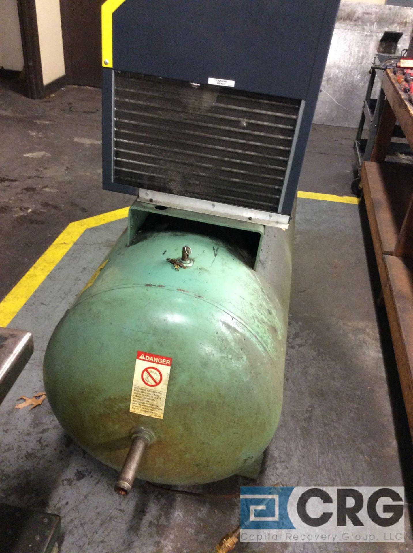 Gardner Denver horizontal air tank, 120 gallon estimated capacity, with Zues model 36HSFA190, serial - Image 6 of 6