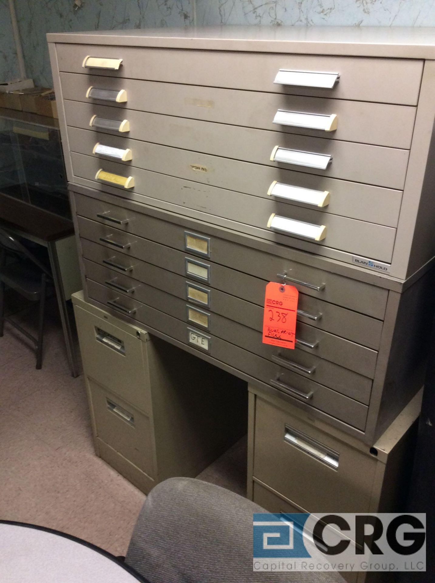 Lot of two assorted 5 drawer metal blueprint file cabinets.