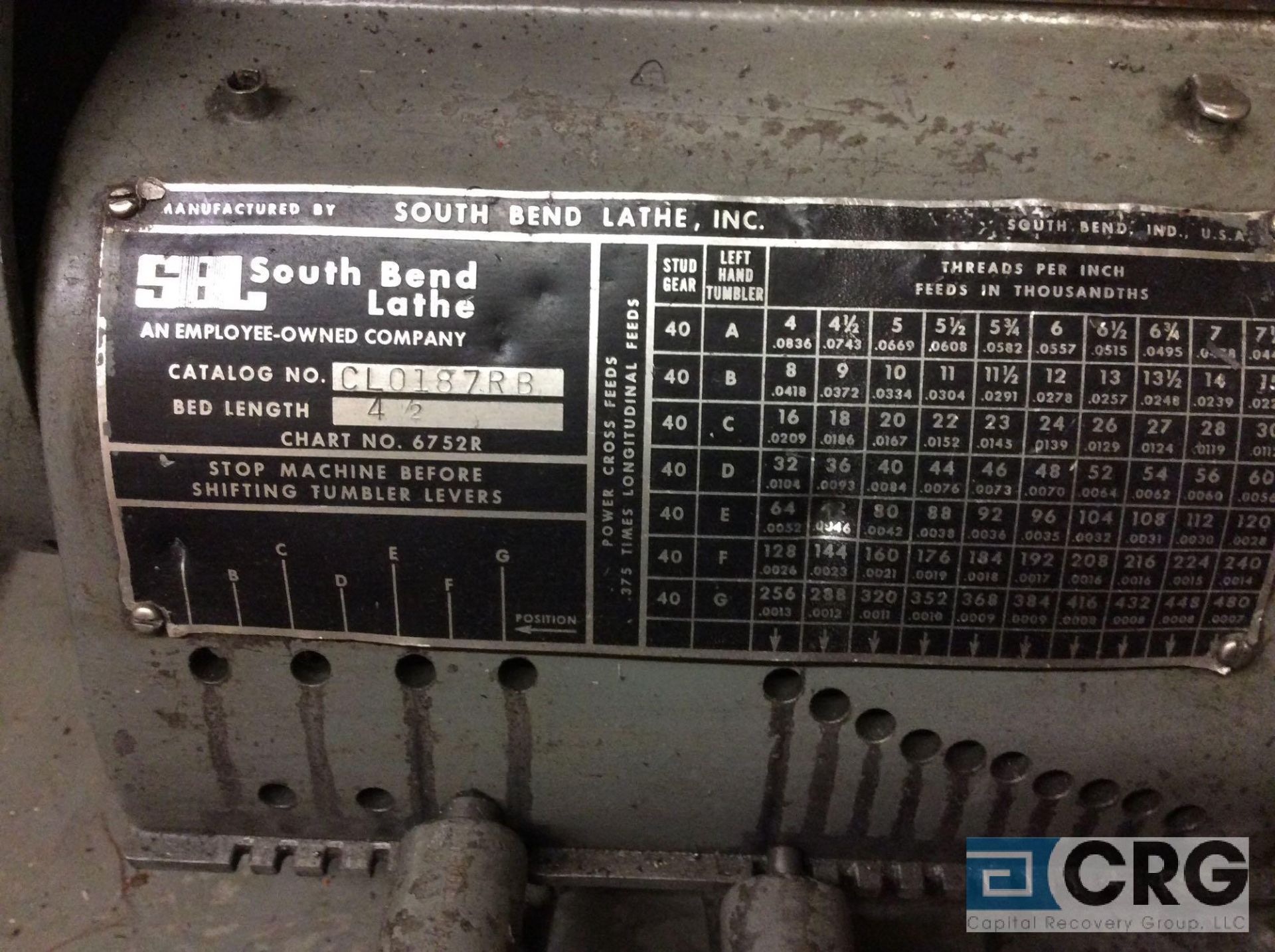 South bend tool room lathe, model CL0187RB, serial 22583R, 11 inch x 38 inch BC, compound slide - Image 3 of 6