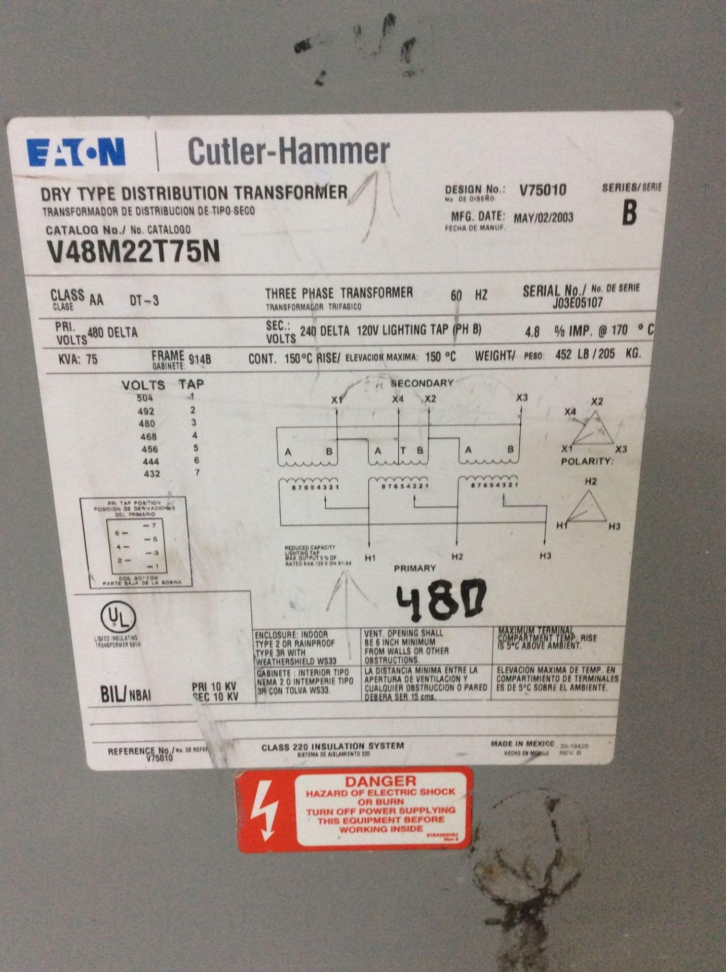 Eaton Cutler-Hammer transformer, mn V48M22T75N - Image 2 of 2