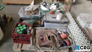 Lot of assorted tools, track lighting, metal stands, silicone spray, solvents, glazing tape,. etc.