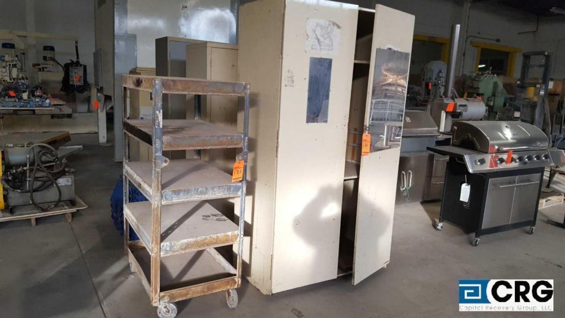 Lot of three assorted metal storage cabinets, full size, two, half size, and one 5 tier shop cart,