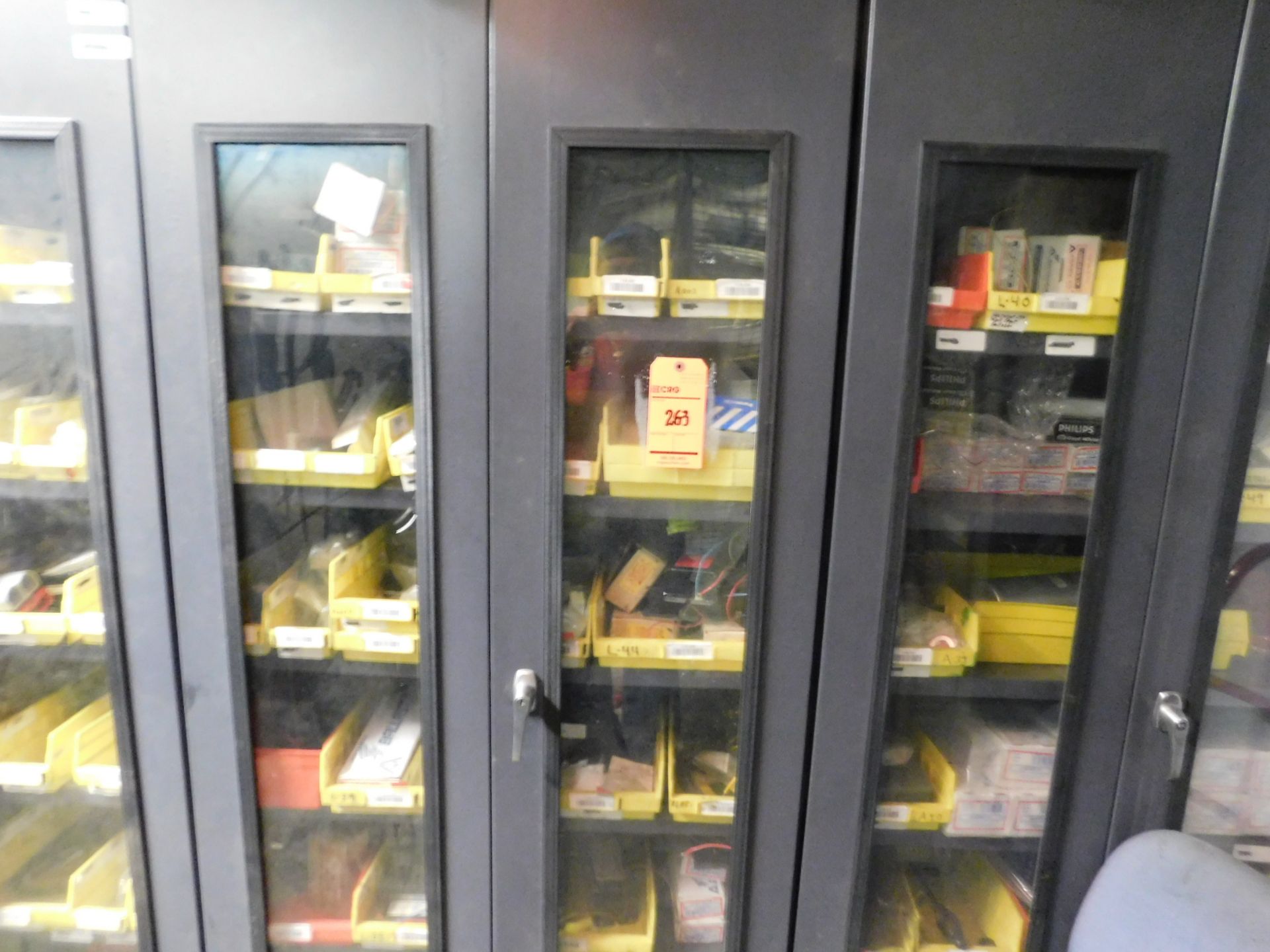 Contents of cage, electrical ballast, micro switch, light bulbs, (6) glass door cabinet, (2) storage