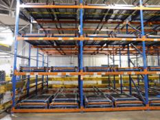 Lot of (5) section push-back pallet racking, (12) 16 ft. high by 54 in. wide upright, (85) 103 in.