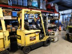 Hyster 36 volt electric forklift with clamp attachment side shift, rotator, solid cushion tire, 3-