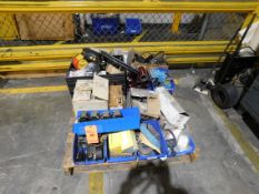 Assorted forklift/pallet jack parts, tires, starter, electrical with 2-door storage cabinet, (1)