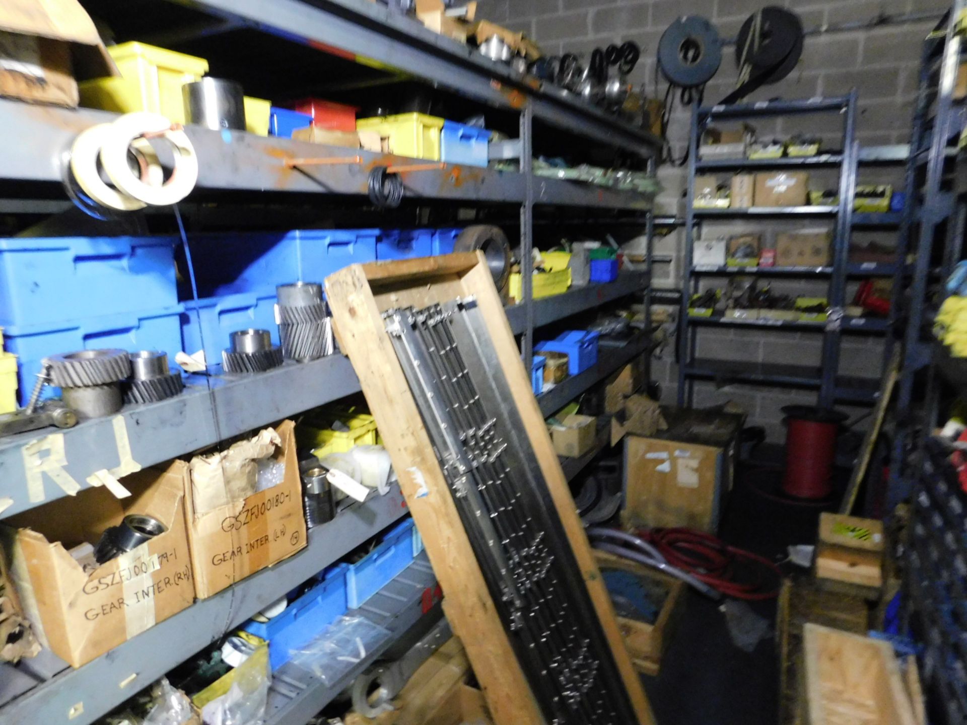 Contents of cage, part for press, shafts, gears, pulleys, hubb, shelving, racking, blocks, ready - Image 3 of 19