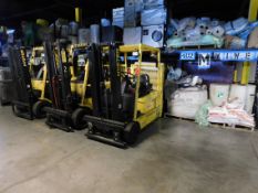 Hyster 36 volt electric 3-wheel forklift, side shift, 3-stage, 177 in. high MAX, solid cushion tire,