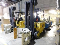 Yale 48 volt electric forklift with clamp attachment, 3-stage mast, 232 in. high MAX, rotator, solid
