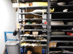 Contents on mezzanine screws, hoses, ready rods, carousel part bin, (6) storage cabinets, (5)