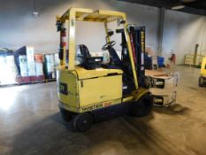 Hyster 36 volt electric forklift with clamp attachment side shift, rotator, solid cushion tire, 3-