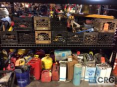 Lot of shop supplies including, gas cans, cleaners and solvents, hand brooms, small hand tools, etc