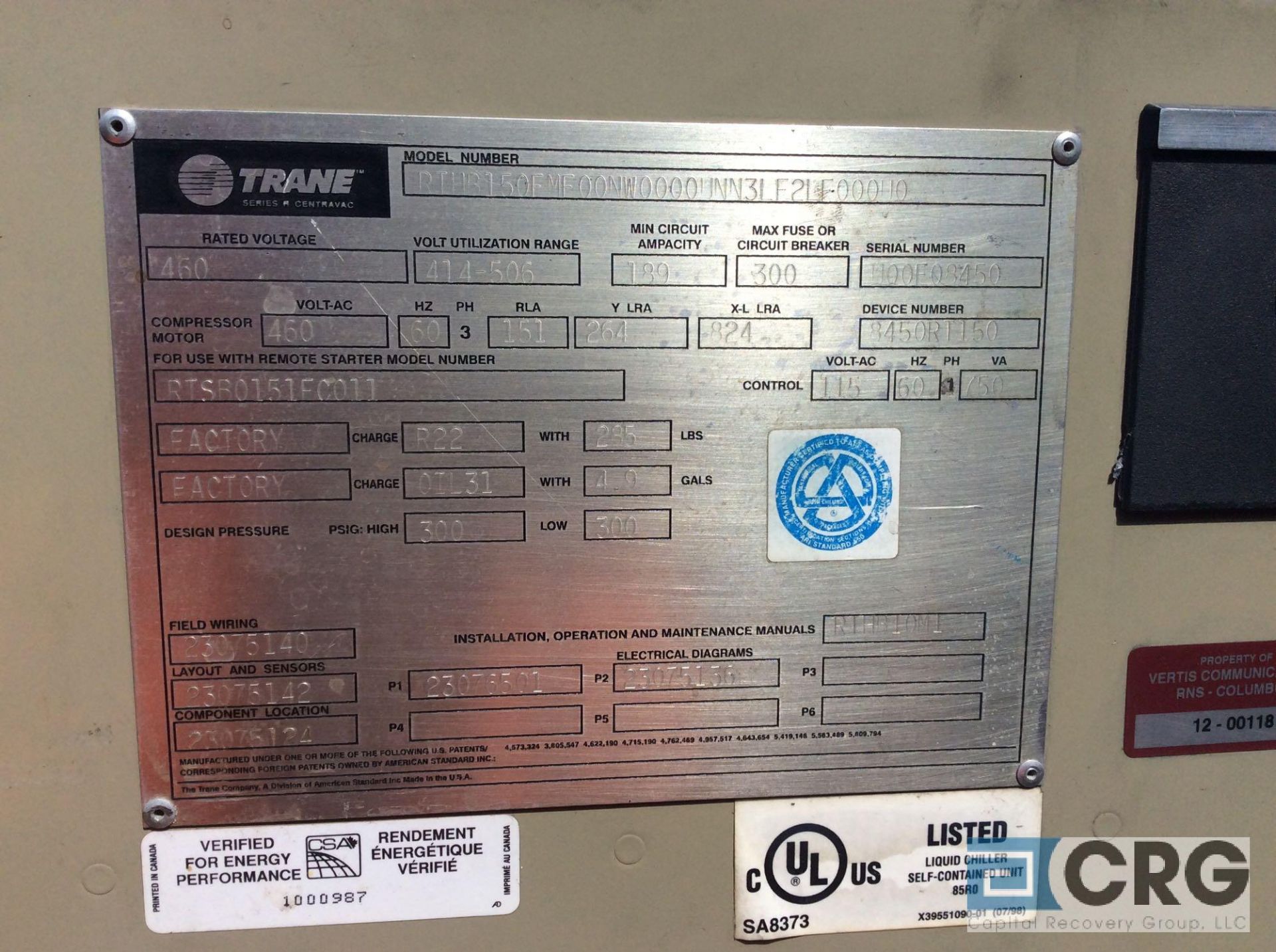 2000 Trane 150 Ton Chiller, mn RTHB150FMF00NW0000UNN3LF2LF000U0, sn U00F08450,235 lb charge, 460 - Image 4 of 5