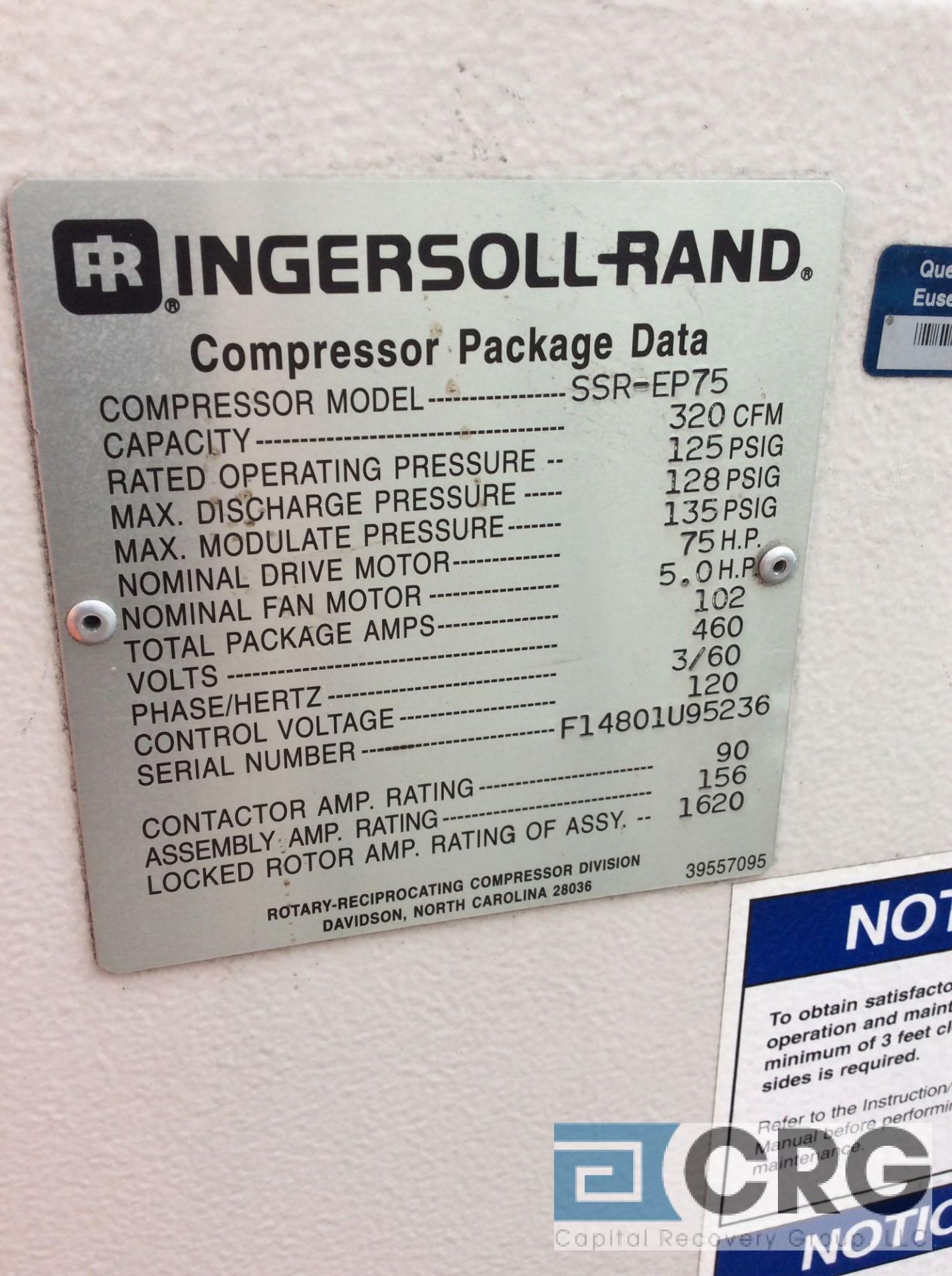 Ingersoll Rand rotary screw compressor, 75 hp, mn SSR-EP75, sn F14801U95236, 320 cfm, 125 wpsi ( - Image 3 of 3