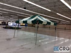 Central California style, 2" andonized aluminum, 15' x 15' frame tent with green and white top,