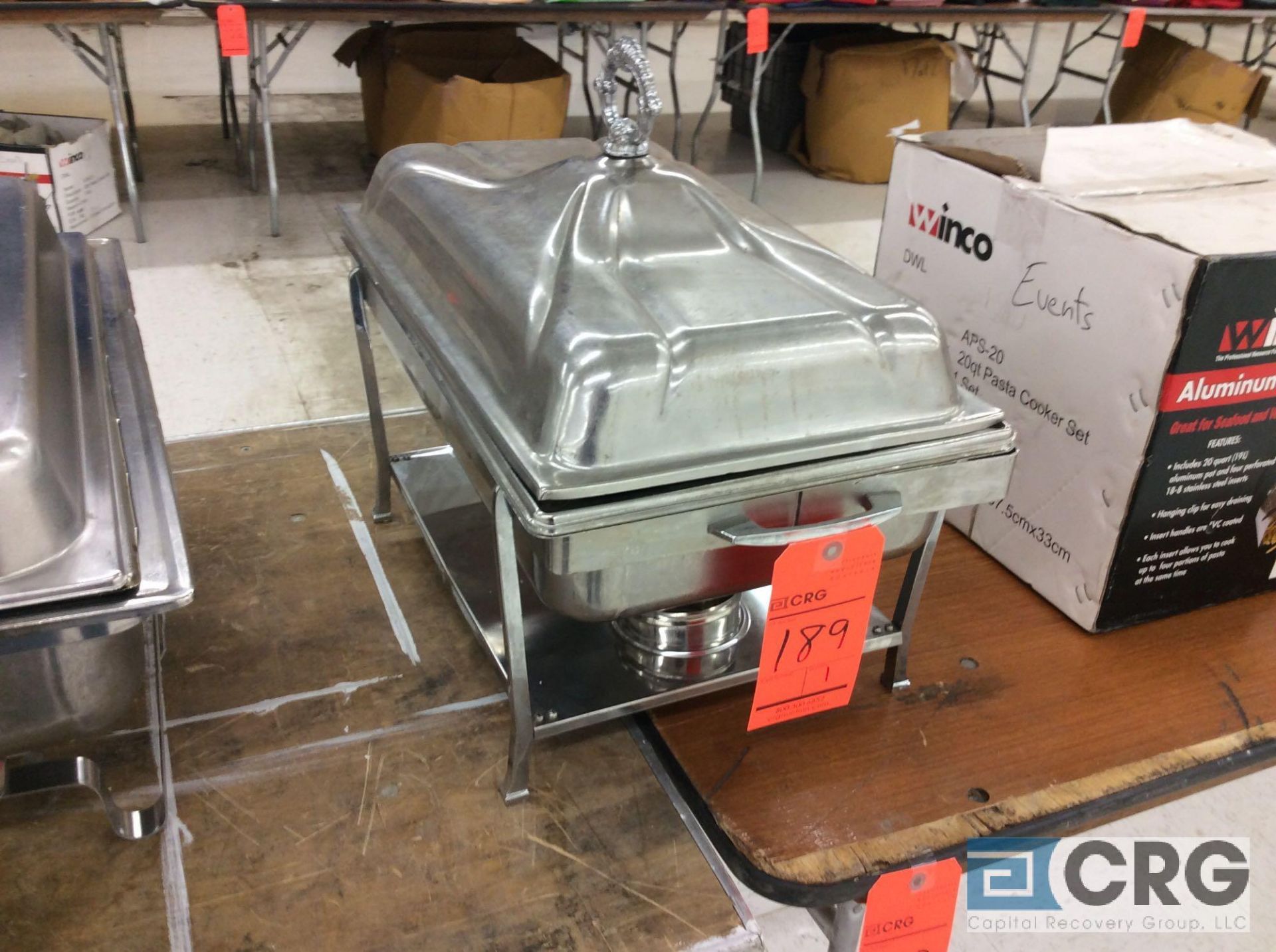 (1) SS chafer with stands, warming pan, food pan insert, and cover.