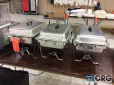 Lot of (3) SS chafers, each with stand, warming pan, food insert pan, and cover.