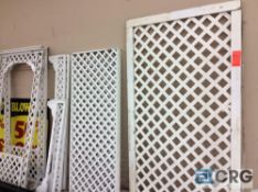 Lot of assorted white lattice works accessories, 2 sale signs, and artificial tree.