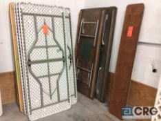 Lot of (11) assorted 30" x 72 " folding leg tables, (5) with plastic top, (6) with wood top, and (1)