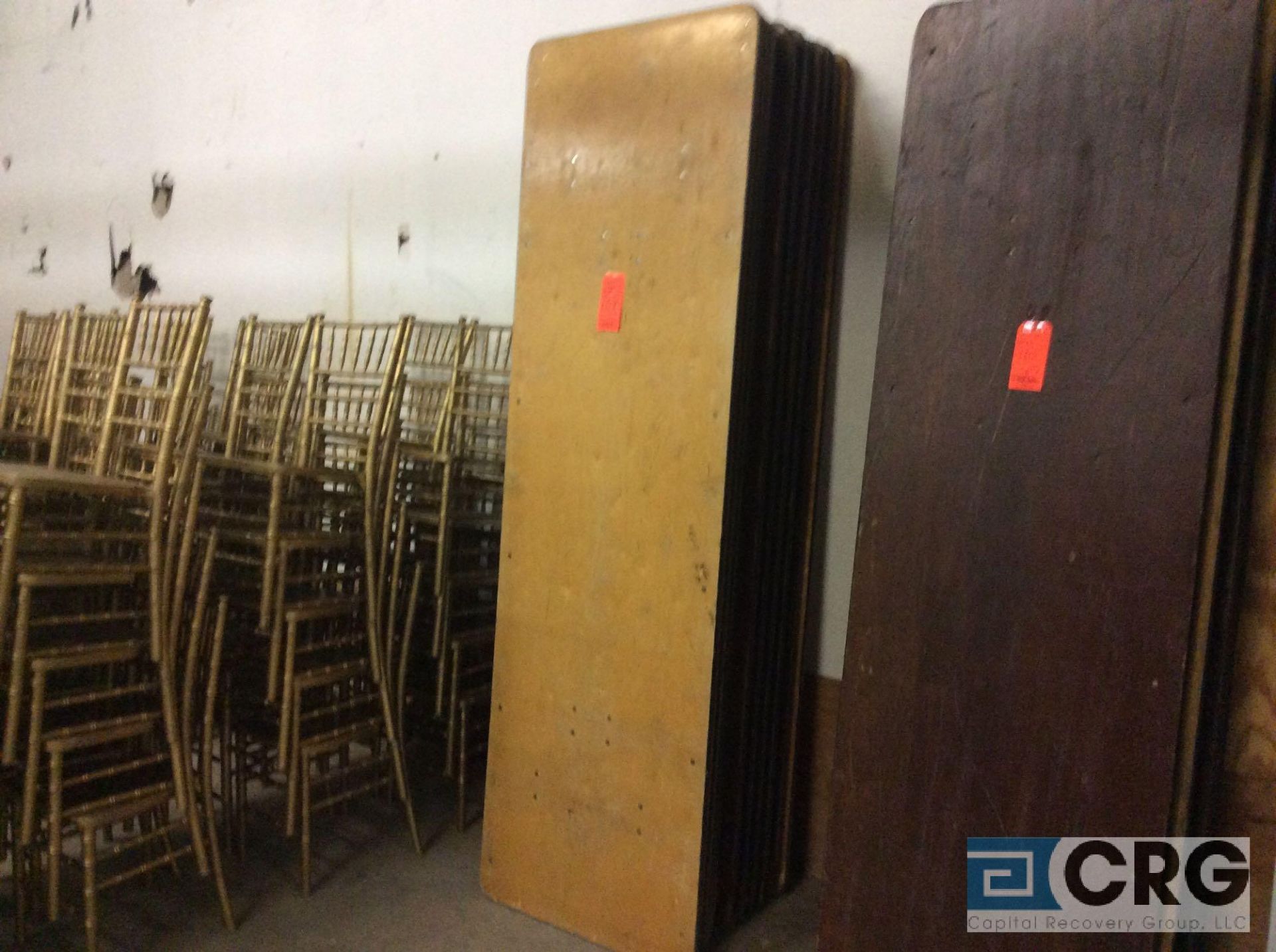 Lot of (10) assorted 30" x 96" folding leg wood banquet tables.