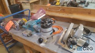 Lot of (2) assorted electric power tools, including (1) DeWalt DW616 router, (1) Makita 9900B belt