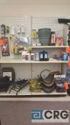 Lot of assorted grilling accessories, firewood carriers, ash bucket charcoal, smoking chips etc.