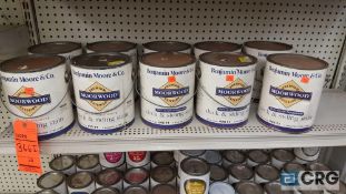 Lot of (10) assorted gallons of Benjamin Moore Moorwood Premium exterior deck and siding stain.