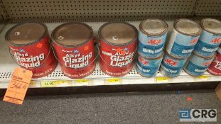Lot of assorted glazing liquid, Geocel water shield and wall and trim paint, 3 gallon cans and 14 qt