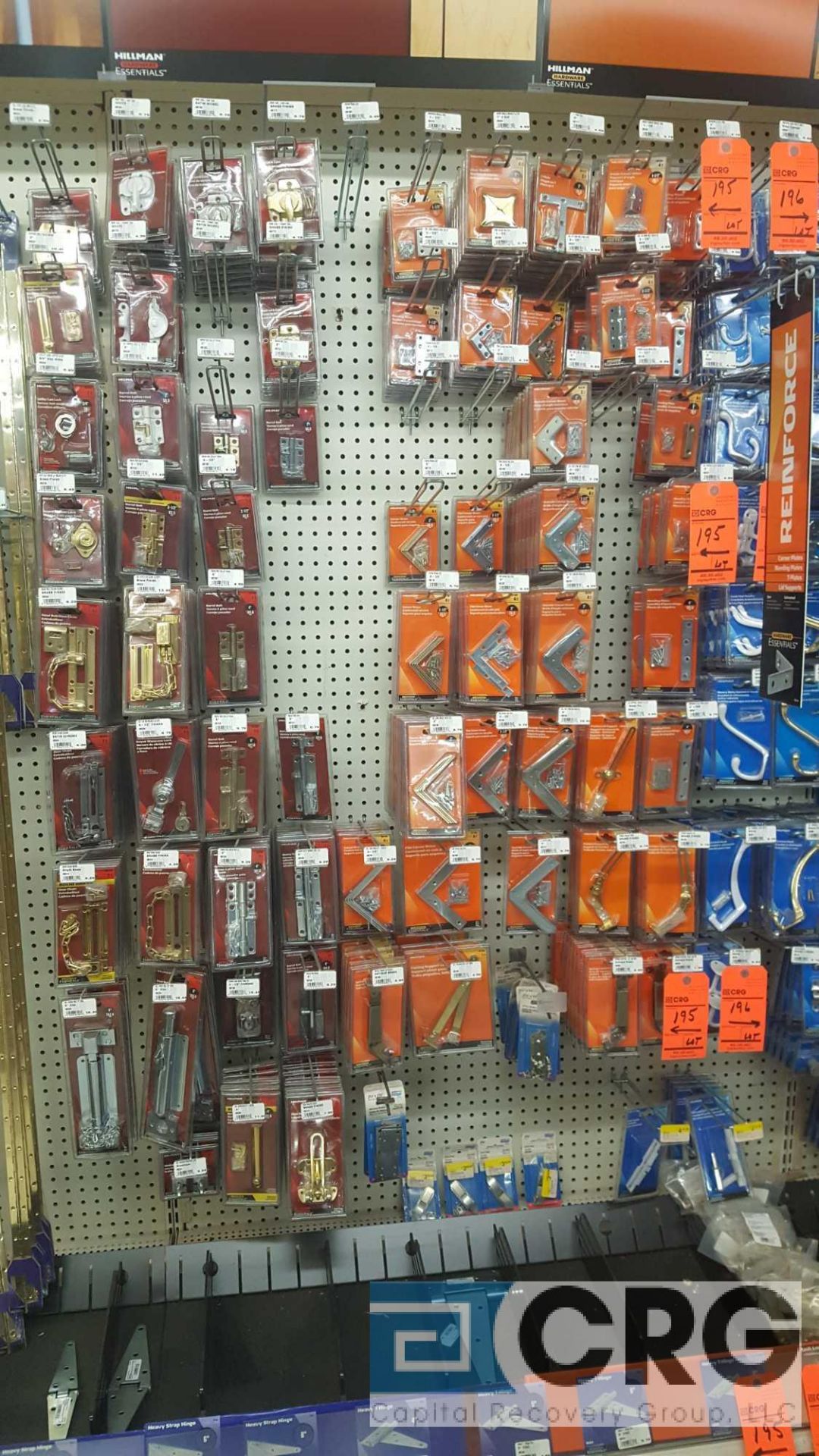 Lot of assorted hinges, corner braces, barrel bolts, sash locks etc. Contents of peg board and - Image 2 of 5