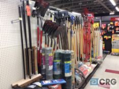 Lot of asst lawn, garden, and landscape tools including rakes, shovels, hoes, scrapers, post hole