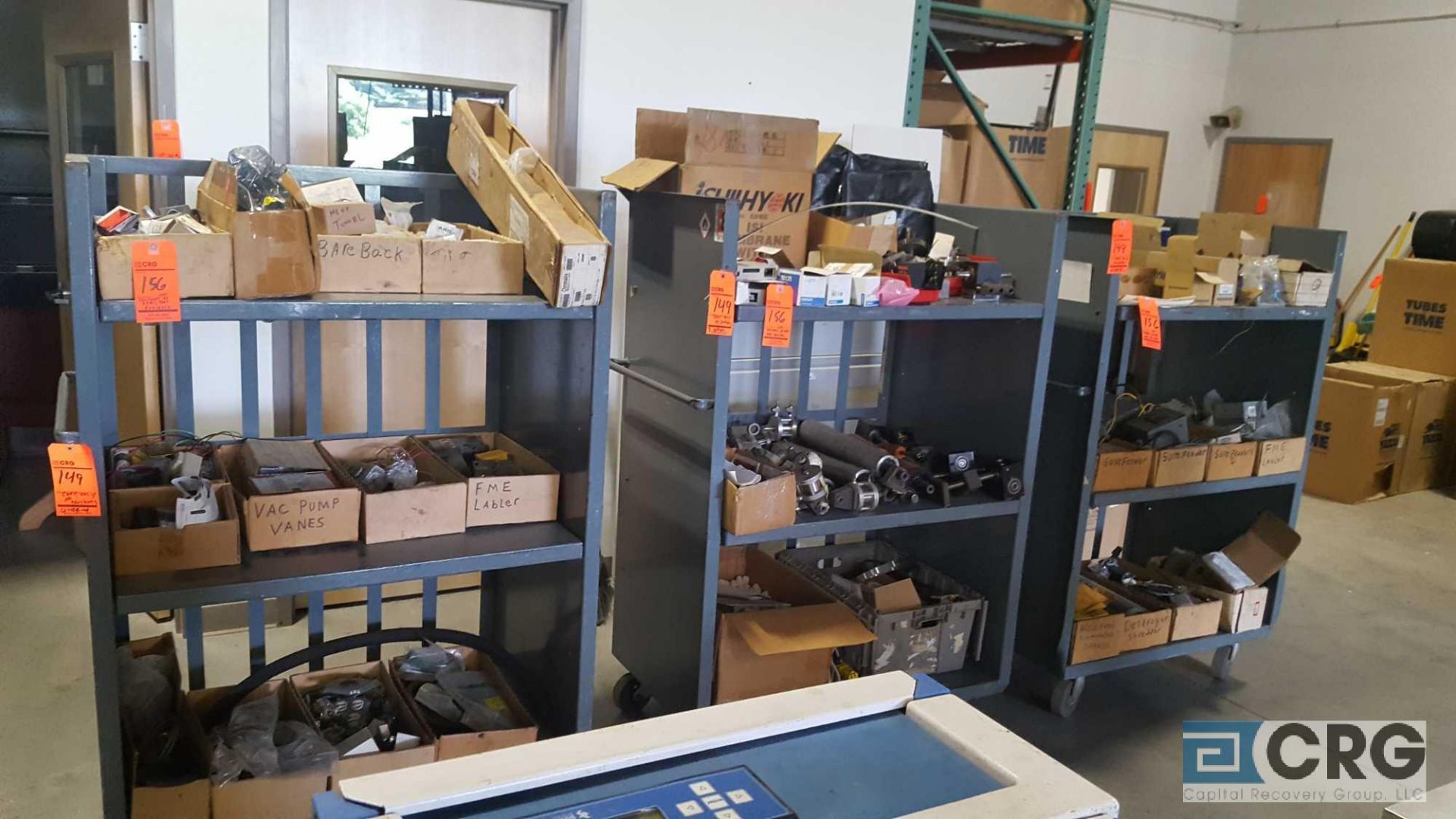 Lot of assorted spare parts and equipment etc, contents of (4) carts, carts excluded.