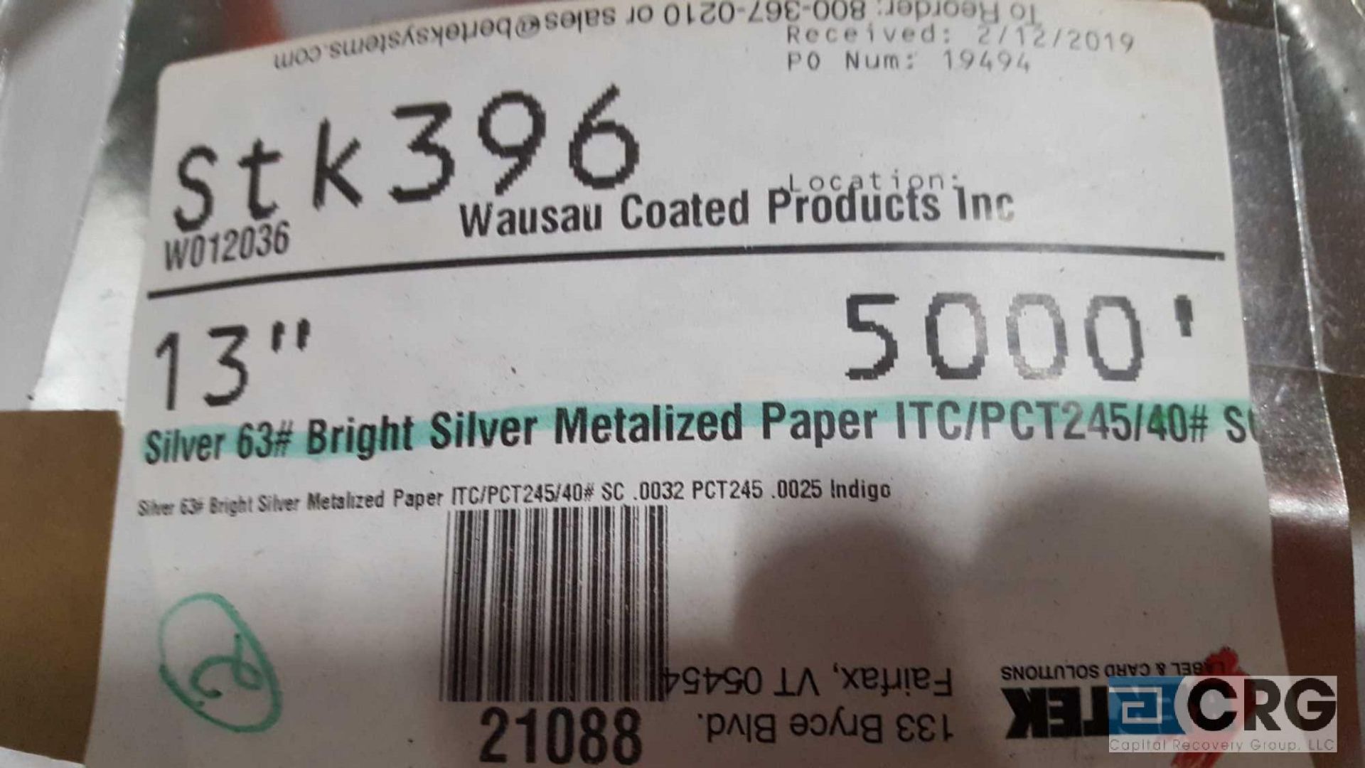 Lot of (2) new rolls of 13 in. paper stock, SILVER 63# BRIGHT SILVER METALIZED PAPER ITC/PCT245/ - Image 2 of 2