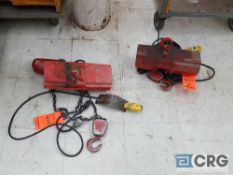 Lot of (2) ass't electric hoists, (1) Dayton 500 lb. capacity, and (1) Coffing 500 lb. capacity -