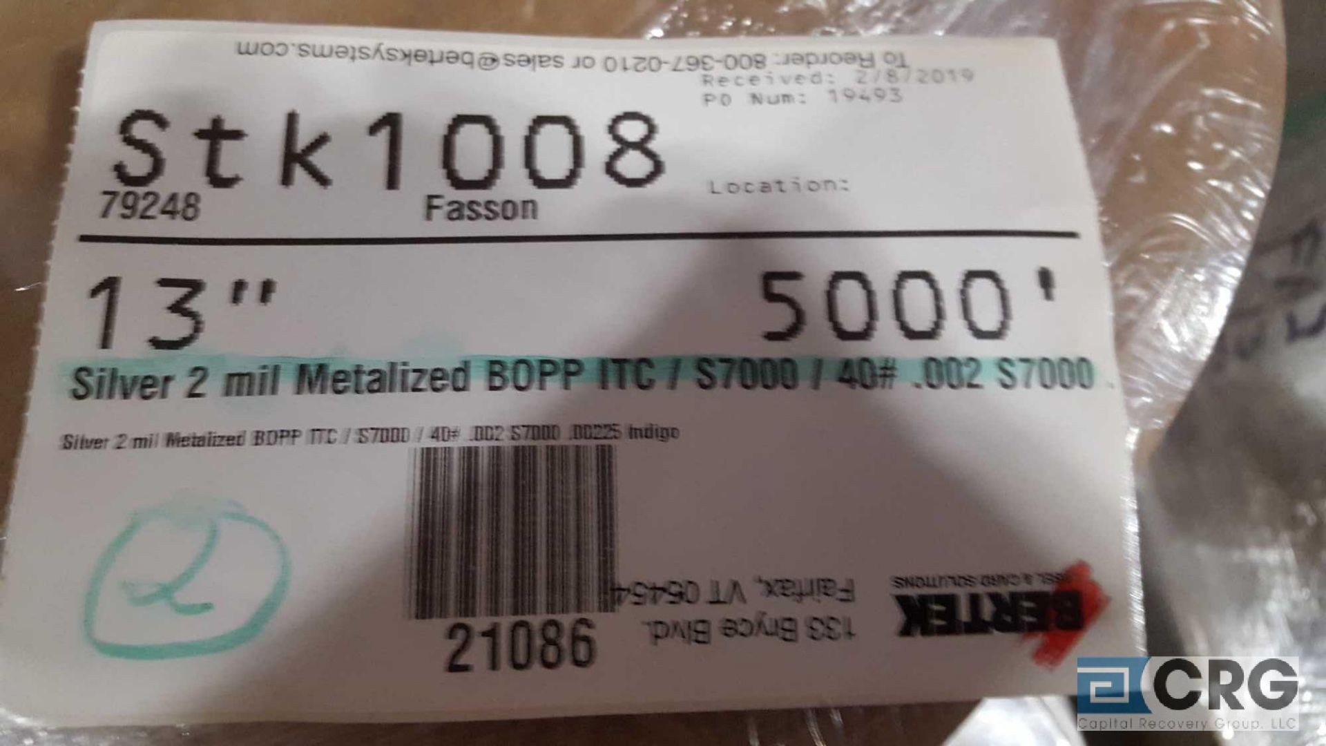 Lot of (2) new rolls of 13 in. paper stock, SILVER 2 MIL METALIZED BOPP ITC / S7000/ /40# .002 - Image 2 of 2