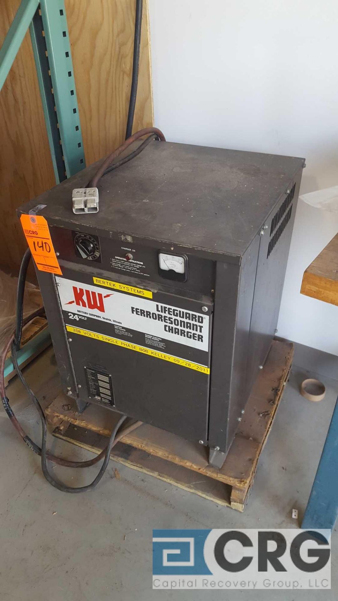 KW 24 volt battery charger, model 12-725F 1B, serial number K3885, type LA, 12 cells, 24 volt.