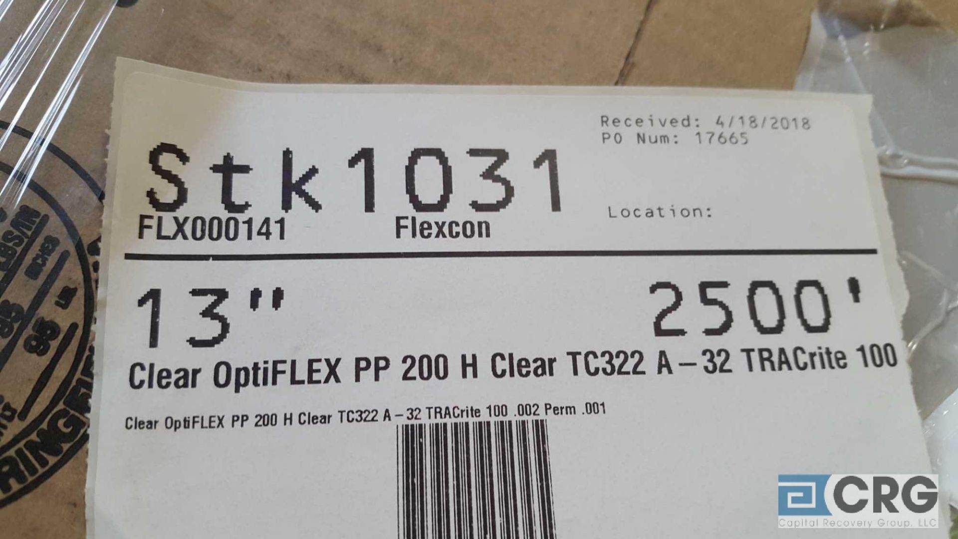 Lot of (5) assorted rolls of paper stock, (4) 13 in. CLEAR OPTIFLEX PP 200 H CLEAR TC322 A-32 - Image 4 of 6