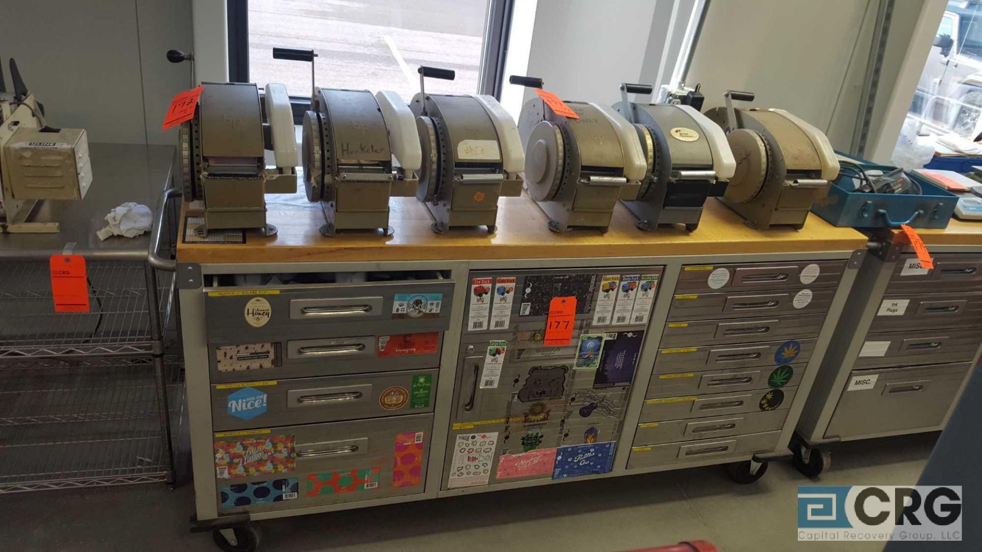 Stainless Steel rolling printers cabinet, (11) drawers, (1) door center cabinet, and butcher block - Image 2 of 2