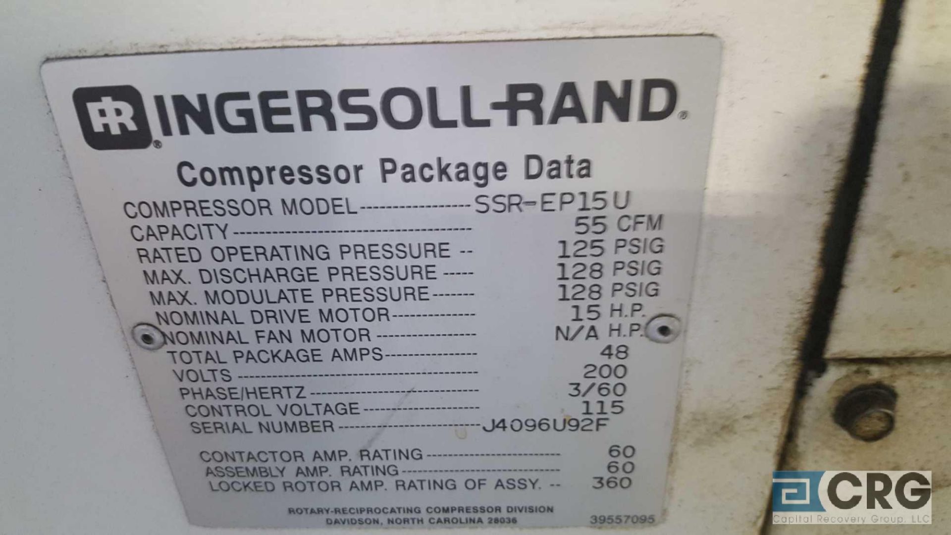 Ingersoll Rand rotary screw air compressor, model number SSR-EP 15 U, serial number J 4096U92 F - Image 3 of 3