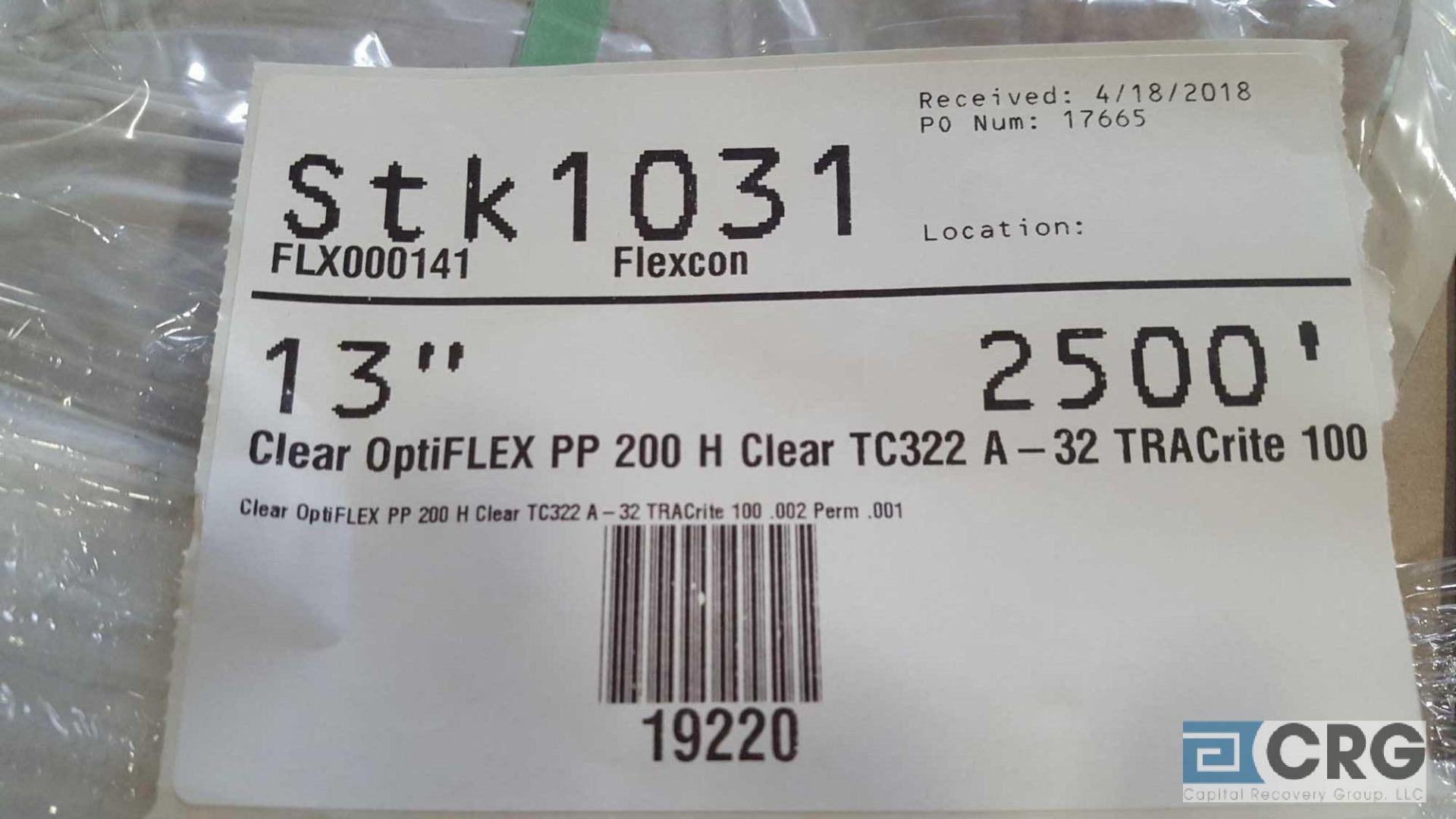 Lot of (5) assorted rolls of paper stock, (4) 13 in. CLEAR OPTIFLEX PP 200 H CLEAR TC322 A-32 - Image 5 of 6
