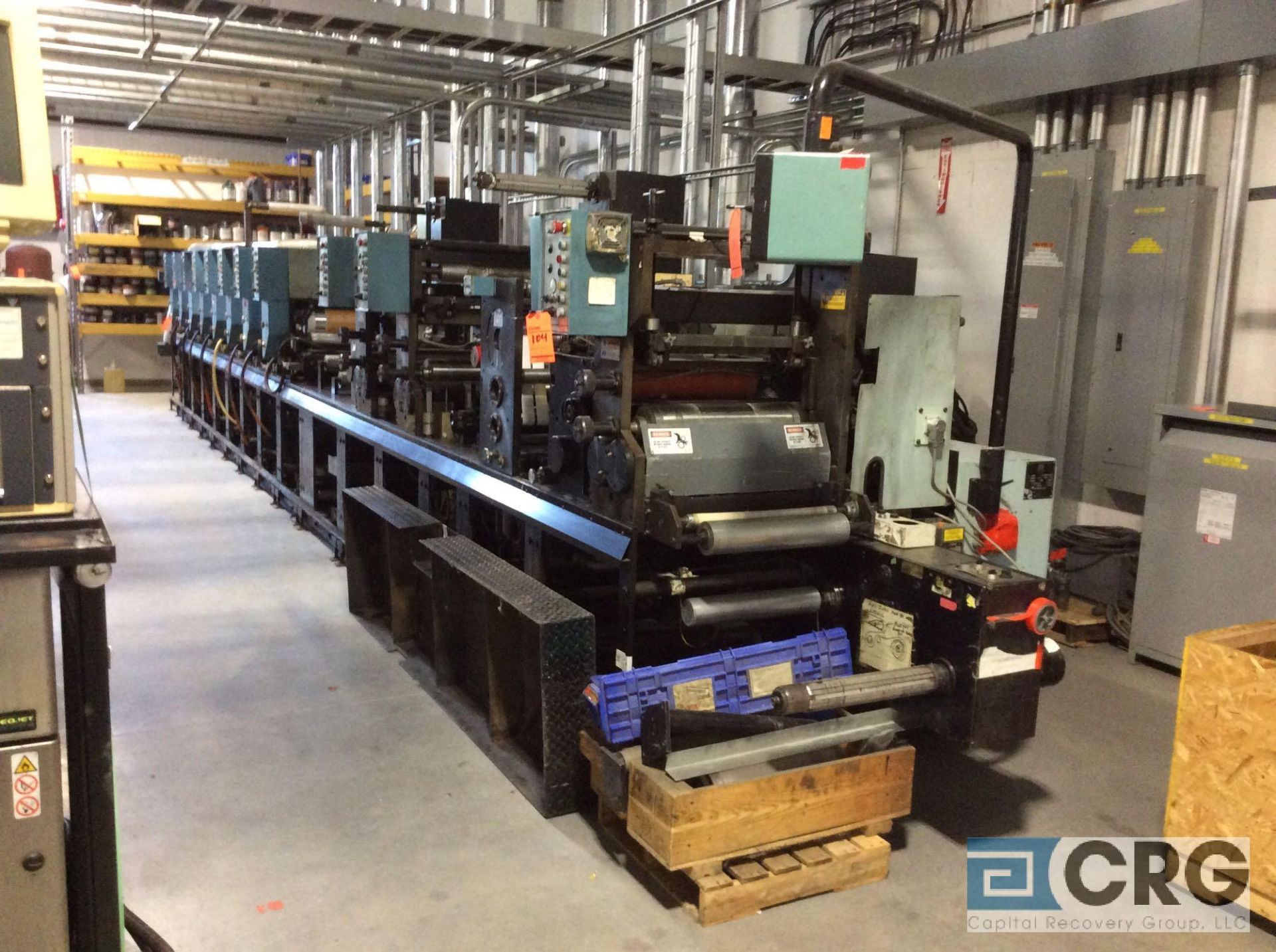 Webtron 1618, 8 color, 18" flexography printing press, single turret unwind, (2) UV units, Allen