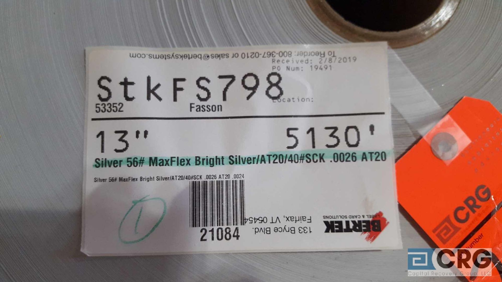 Lot of (1) roll new of 13 in. paper stock, SILVER 56# MAXFLEX BRIGHT SILVER/AT20/40#SCK .026 AT20, - Image 2 of 2