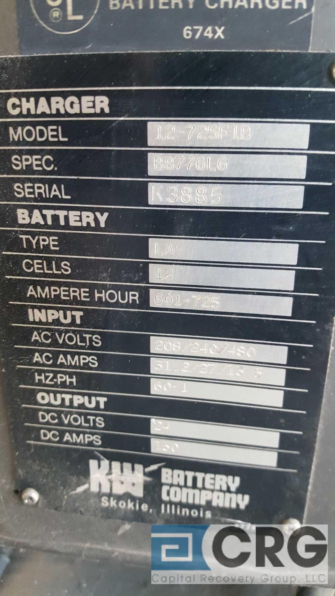 KW 24 volt battery charger, model 12-725F 1B, serial number K3885, type LA, 12 cells, 24 volt. - Image 2 of 4