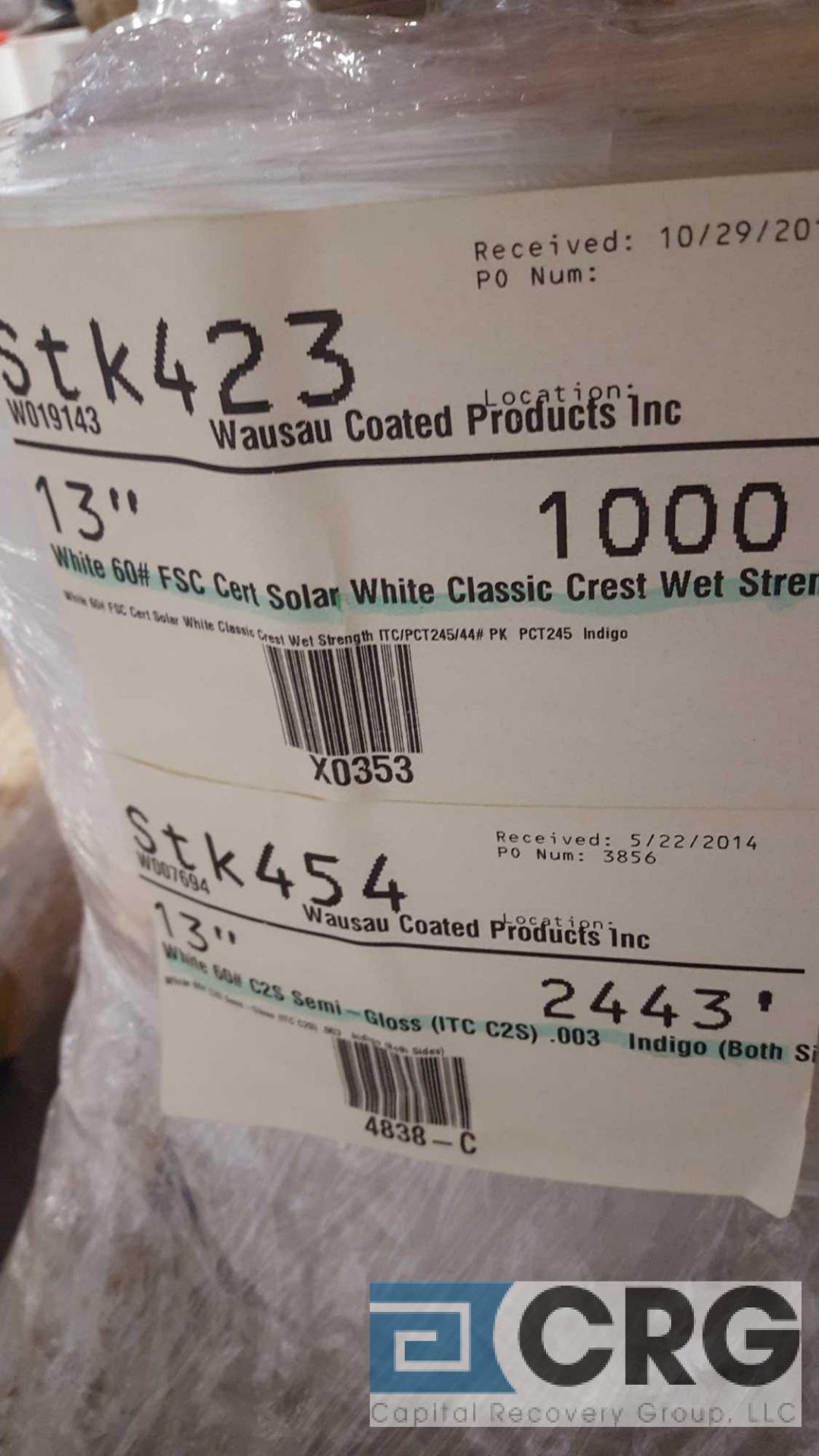 Lot of (4) new rolls of 13 in. paper stock, WHITE 60#FSC SOLAR WHITE CLASSIC CREST WET STRER (1, - Image 2 of 3