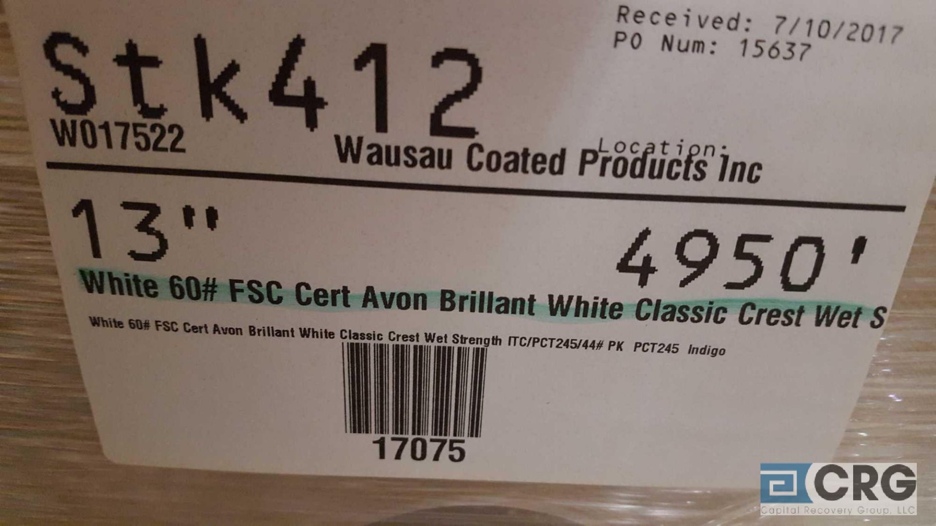 Lot of (2) assorted new rolls of 13 in. paper stock, FSC CERT AVON BRILLIANT WHITE CLASSIC CREST WET - Image 3 of 3