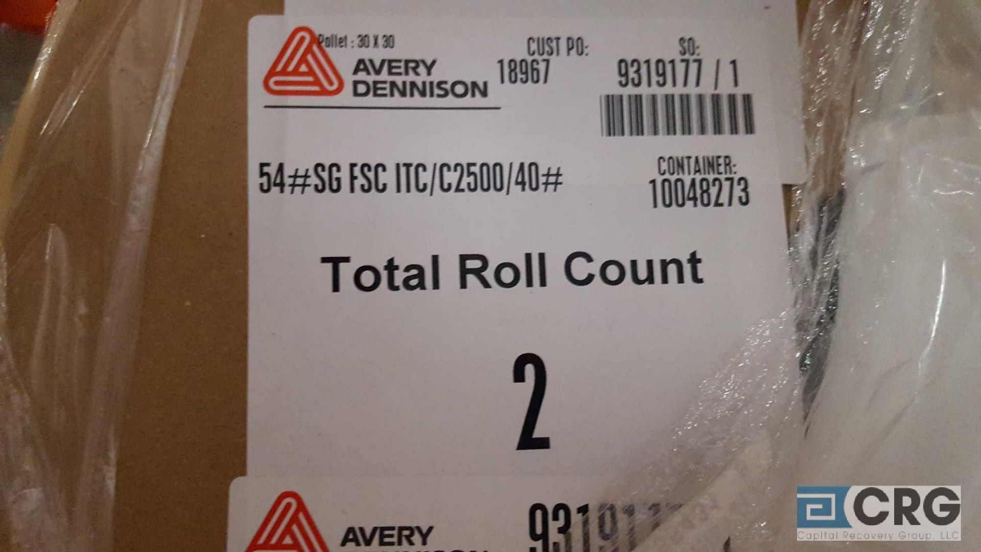 Lot of (2) new rolls of 13 in. paper stock, AVERY DENNISON 54# SG FSC ITC/C2500/40#, 10,000 plus, - Image 2 of 3