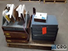 Lot of ass't brass, steel fittings, etc., sandpaper, parts bins, hardware, etc. - Shelving