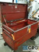 Lot includes (1) portable metal gang box, saw blades, ratchet socket set, (2) giottos clamps, and