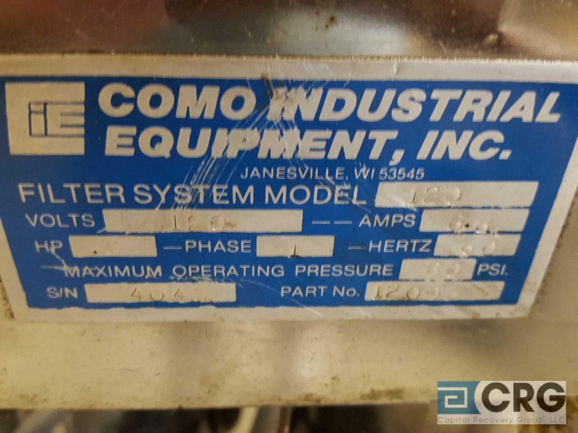 Como Industrial Equipment Co, model 120, serial 4045, filter system, with pump, dual SS tanks, and - Image 6 of 8