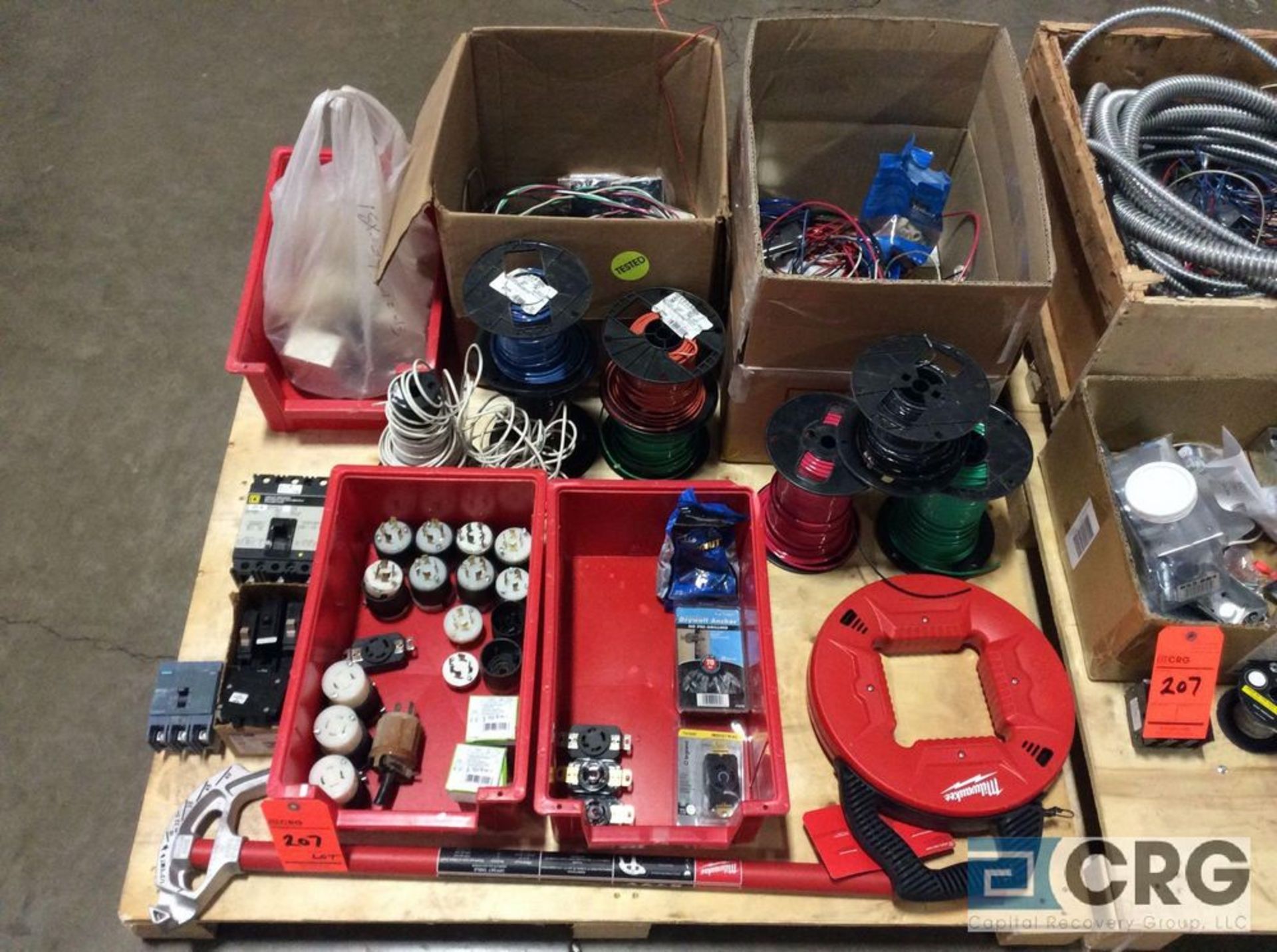 Lot of asst electrical supplies including spool wire, fish tape, bender, plugs, flex tube and boxes. - Image 2 of 3