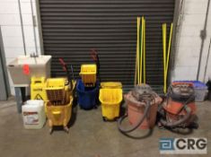 Lot of building maintenance supplies including mops and mop buckets, (2) wet/dry vacuums, single bay